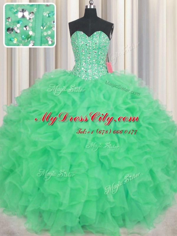 Visible Boning Floor Length Lace Up Ball Gown Prom Dress Green for Military Ball and Sweet 16 and Quinceanera with Beading and Ruffles