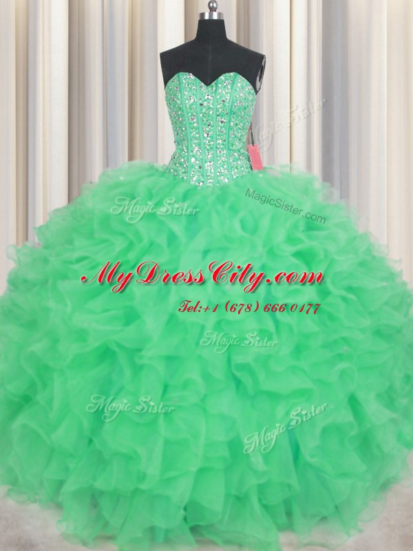 Visible Boning Floor Length Lace Up Ball Gown Prom Dress Green for Military Ball and Sweet 16 and Quinceanera with Beading and Ruffles