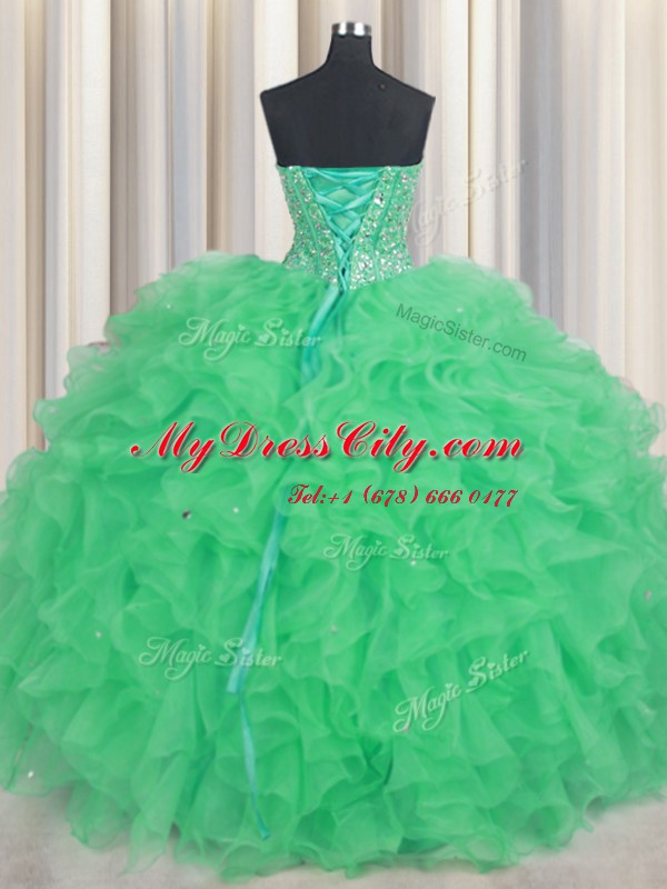 Visible Boning Floor Length Lace Up Ball Gown Prom Dress Green for Military Ball and Sweet 16 and Quinceanera with Beading and Ruffles