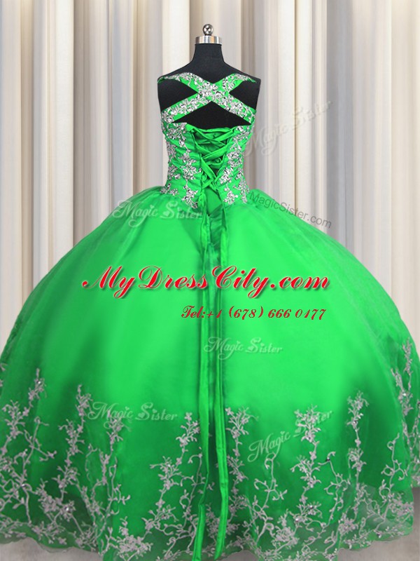 Apple Green Sleeveless Tulle Lace Up Quince Ball Gowns for Military Ball and Sweet 16 and Quinceanera