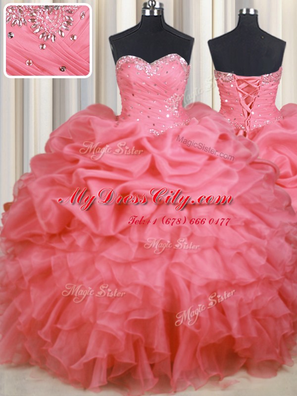 Sweetheart Sleeveless Quinceanera Gown Floor Length Beading and Ruffles and Ruching and Pick Ups Watermelon Red Organza