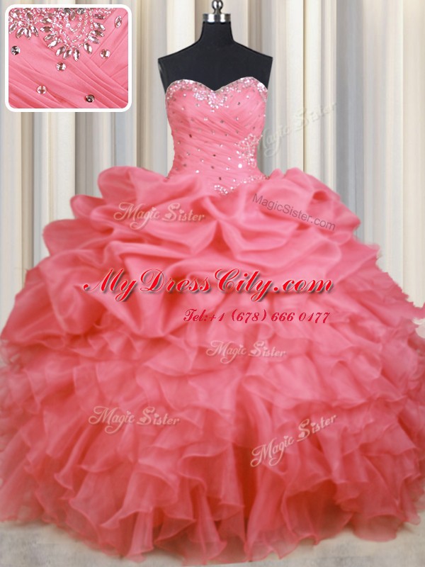 Sweetheart Sleeveless Quinceanera Gown Floor Length Beading and Ruffles and Ruching and Pick Ups Watermelon Red Organza