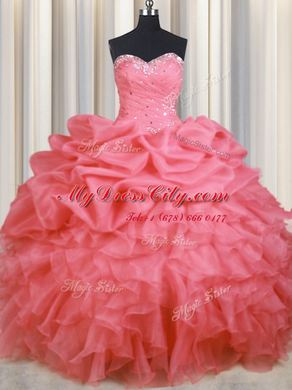 Sweetheart Sleeveless Quinceanera Gown Floor Length Beading and Ruffles and Ruching and Pick Ups Watermelon Red Organza