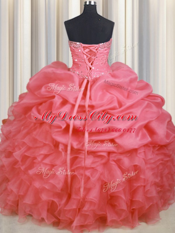 Sweetheart Sleeveless Quinceanera Gown Floor Length Beading and Ruffles and Ruching and Pick Ups Watermelon Red Organza