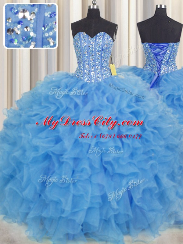 Ideal Visible Boning Baby Blue Sleeveless Floor Length Beading and Ruffles and Sashes ribbons Lace Up Quinceanera Dress