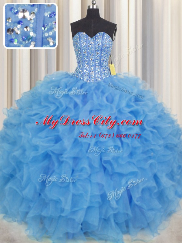 Ideal Visible Boning Baby Blue Sleeveless Floor Length Beading and Ruffles and Sashes ribbons Lace Up Quinceanera Dress