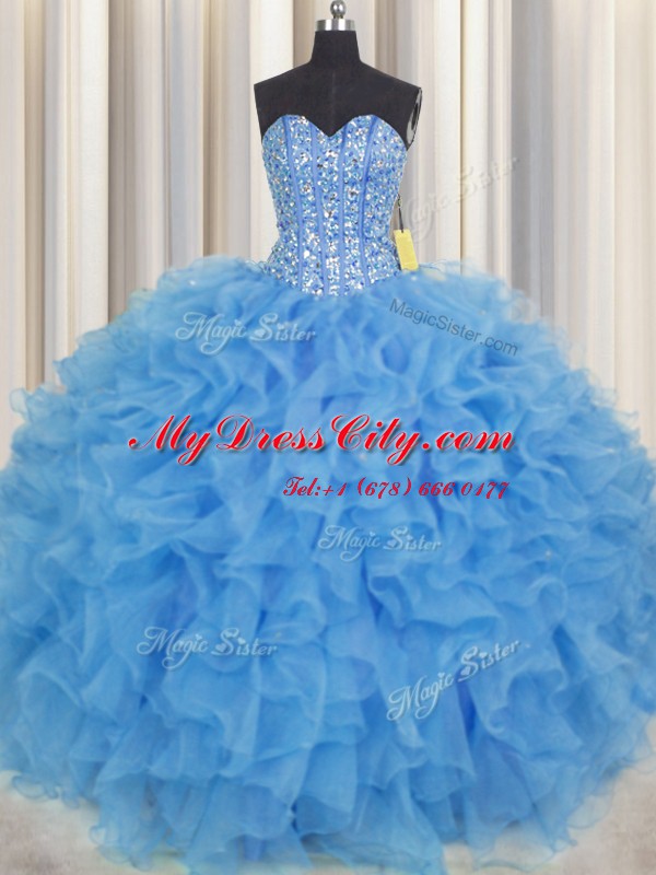 Ideal Visible Boning Baby Blue Sleeveless Floor Length Beading and Ruffles and Sashes ribbons Lace Up Quinceanera Dress