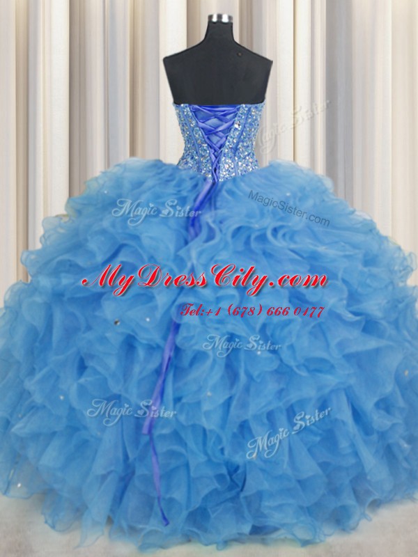 Ideal Visible Boning Baby Blue Sleeveless Floor Length Beading and Ruffles and Sashes ribbons Lace Up Quinceanera Dress