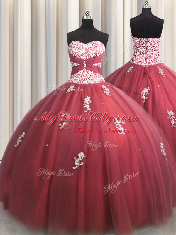 Unique Sweetheart Sleeveless Lace Up Sweet 16 Dresses Wine Red Tulle