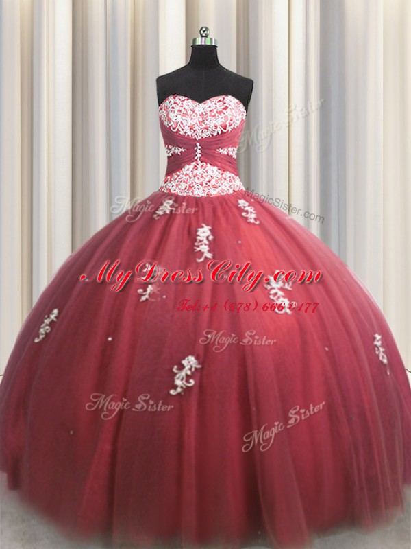 Unique Sweetheart Sleeveless Lace Up Sweet 16 Dresses Wine Red Tulle