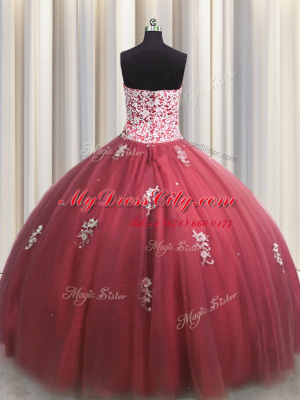 Unique Sweetheart Sleeveless Lace Up Sweet 16 Dresses Wine Red Tulle