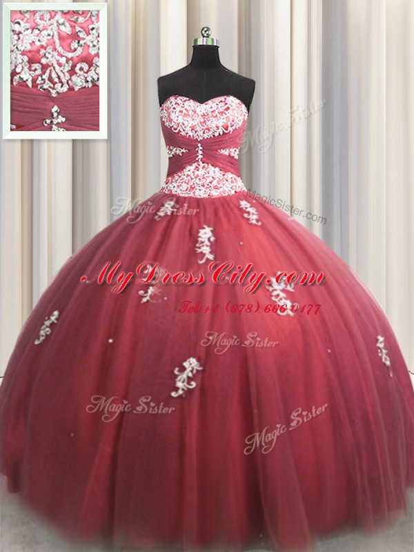 Unique Sweetheart Sleeveless Lace Up Sweet 16 Dresses Wine Red Tulle