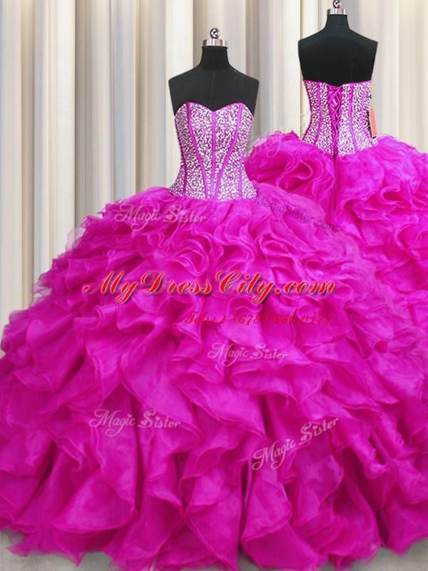 Elegant Visible Boning Sweetheart Sleeveless Brush Train Lace Up 15 Quinceanera Dress Fuchsia Organza