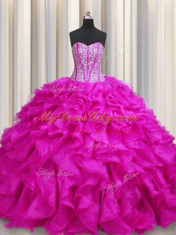 Elegant Visible Boning Sweetheart Sleeveless Brush Train Lace Up 15 Quinceanera Dress Fuchsia Organza