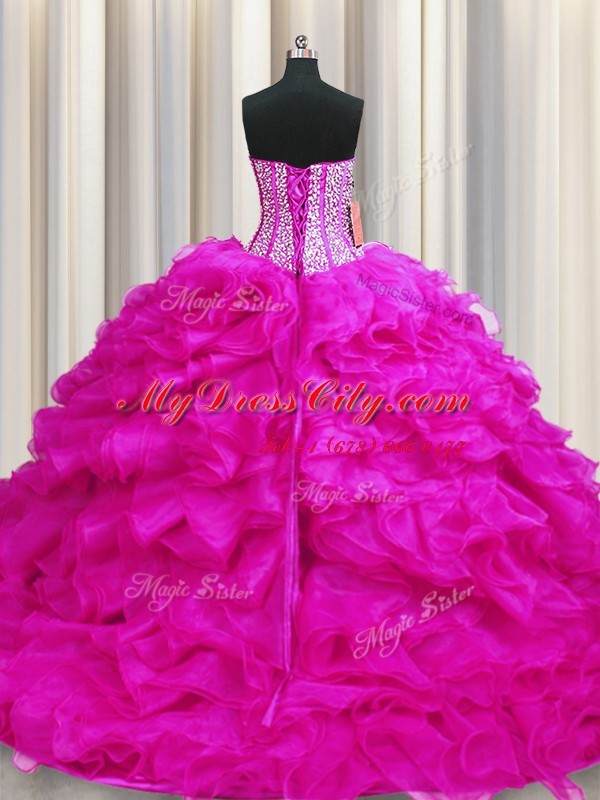 Elegant Visible Boning Sweetheart Sleeveless Brush Train Lace Up 15 Quinceanera Dress Fuchsia Organza