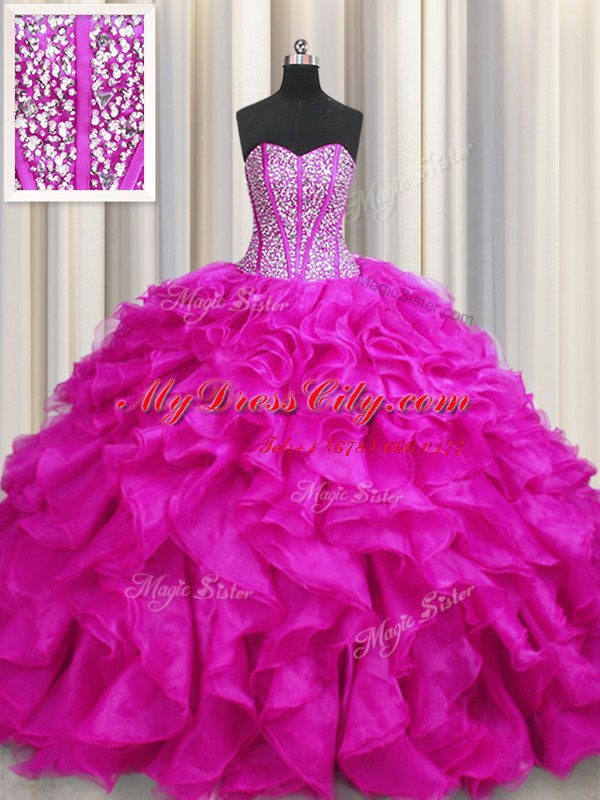 Elegant Visible Boning Sweetheart Sleeveless Brush Train Lace Up 15 Quinceanera Dress Fuchsia Organza