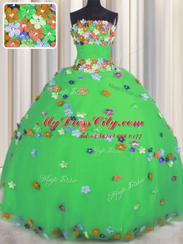 Excellent Strapless Sleeveless Quinceanera Dresses Floor Length Hand Made Flower Green Tulle