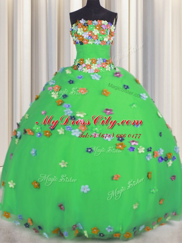 Excellent Strapless Sleeveless Quinceanera Dresses Floor Length Hand Made Flower Green Tulle