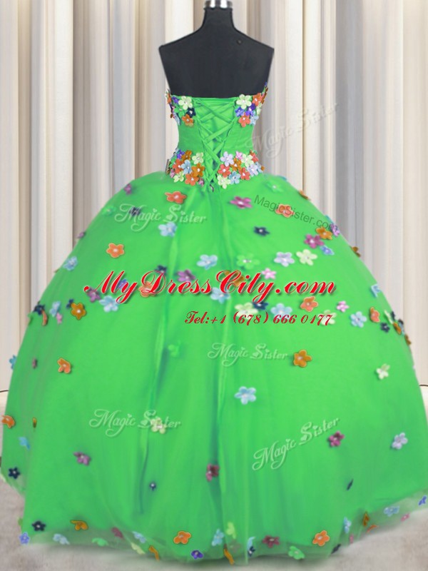 Excellent Strapless Sleeveless Quinceanera Dresses Floor Length Hand Made Flower Green Tulle