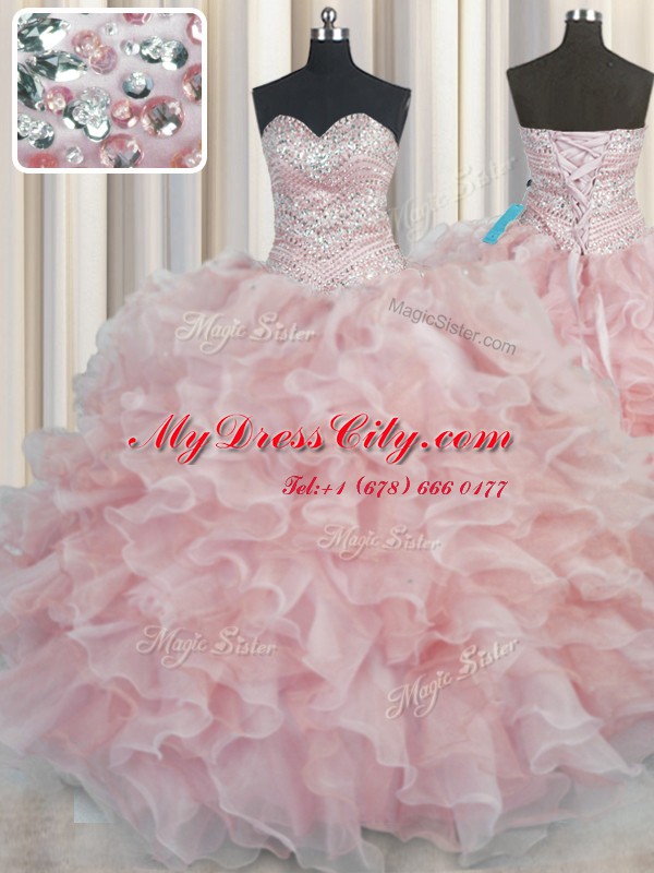 Excellent Bling-bling Pink Organza Lace Up Quinceanera Dress Sleeveless Floor Length Beading and Ruffles