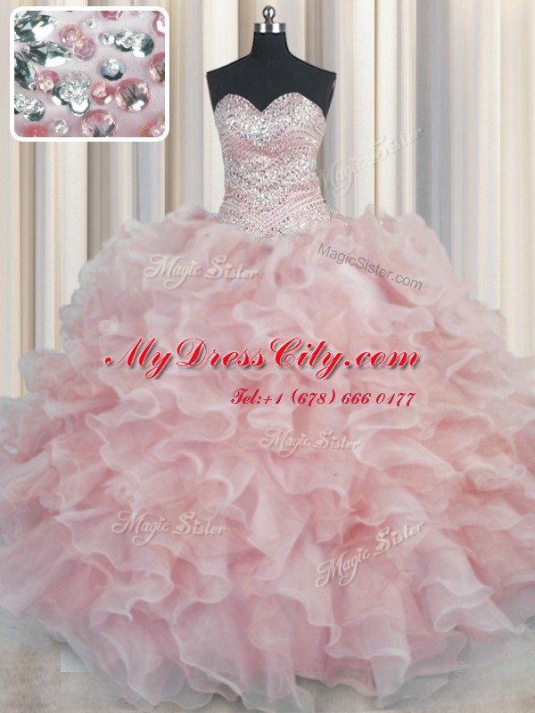 Excellent Bling-bling Pink Organza Lace Up Quinceanera Dress Sleeveless Floor Length Beading and Ruffles