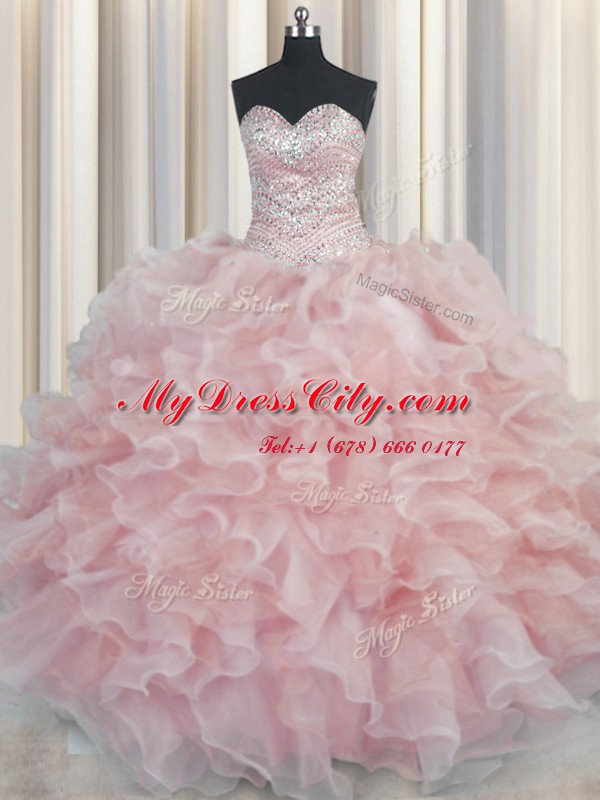 Excellent Bling-bling Pink Organza Lace Up Quinceanera Dress Sleeveless Floor Length Beading and Ruffles