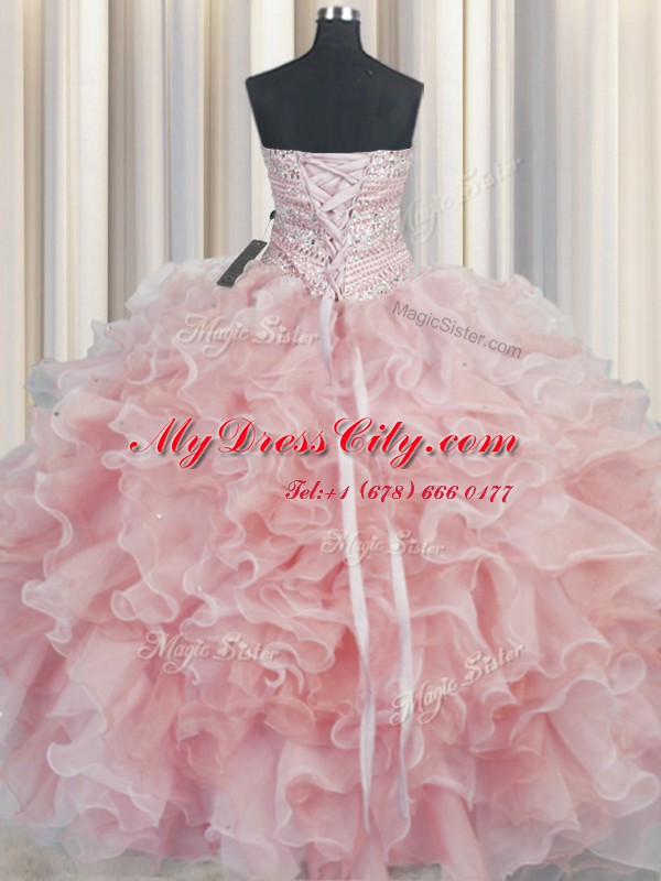 Excellent Bling-bling Pink Organza Lace Up Quinceanera Dress Sleeveless Floor Length Beading and Ruffles