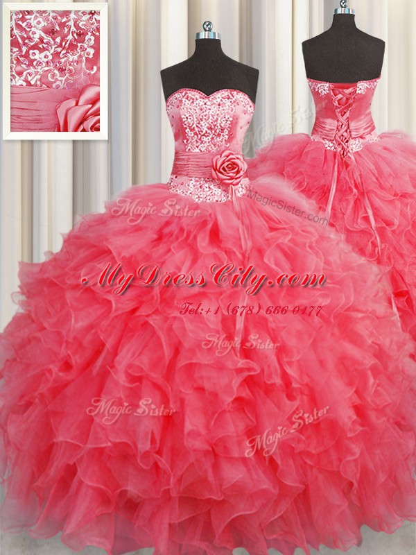 Custom Made Handcrafted Flower Coral Red Sleeveless Ruffles and Hand Made Flower Floor Length Sweet 16 Dress