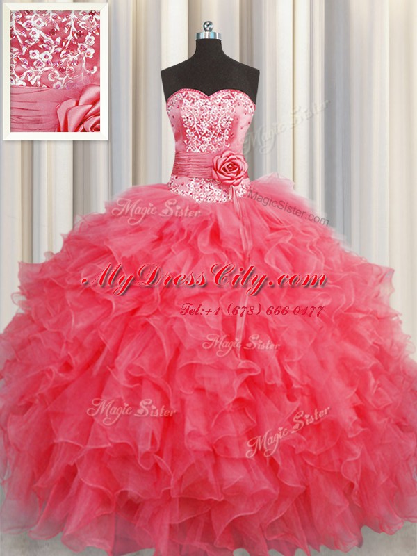 Custom Made Handcrafted Flower Coral Red Sleeveless Ruffles and Hand Made Flower Floor Length Sweet 16 Dress