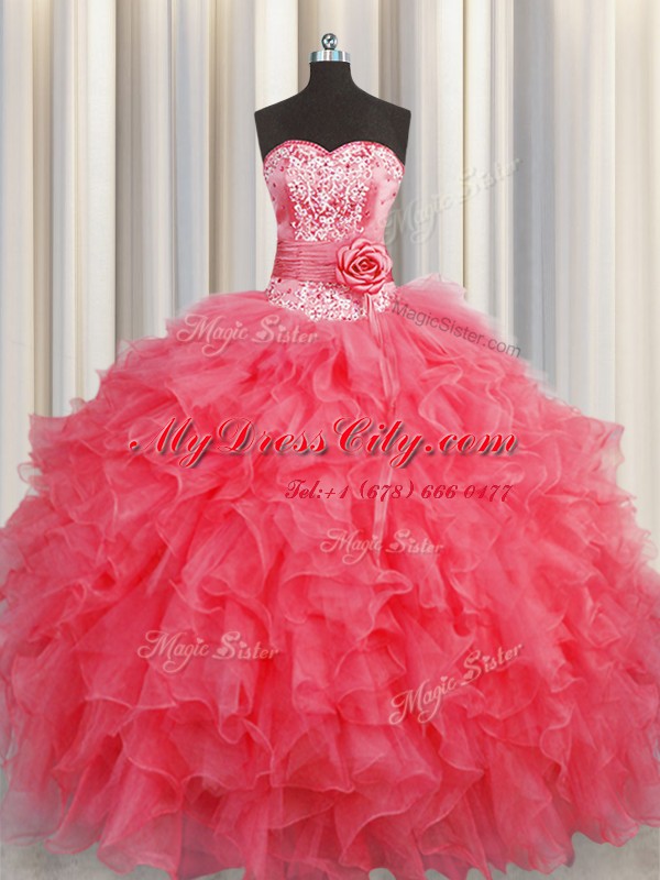 Custom Made Handcrafted Flower Coral Red Sleeveless Ruffles and Hand Made Flower Floor Length Sweet 16 Dress