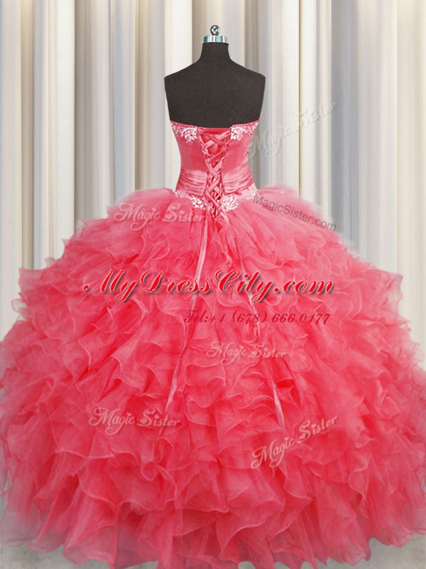 Custom Made Handcrafted Flower Coral Red Sleeveless Ruffles and Hand Made Flower Floor Length Sweet 16 Dress