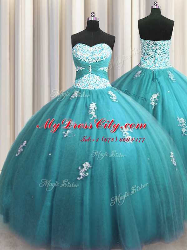 Halter Top Teal Sleeveless Tulle Lace Up Quinceanera Dress for Military Ball and Sweet 16 and Quinceanera