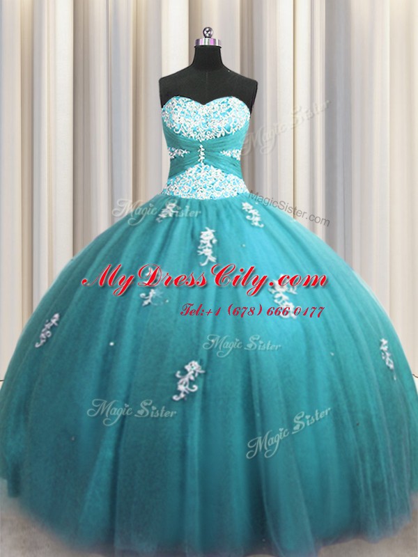 Halter Top Teal Sleeveless Tulle Lace Up Quinceanera Dress for Military Ball and Sweet 16 and Quinceanera