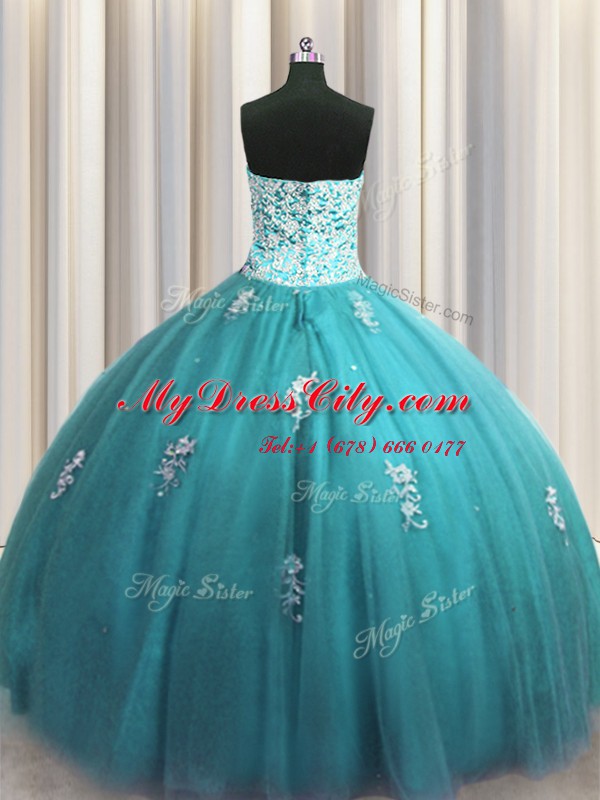 Halter Top Teal Sleeveless Tulle Lace Up Quinceanera Dress for Military Ball and Sweet 16 and Quinceanera