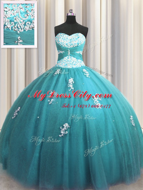 Halter Top Teal Sleeveless Tulle Lace Up Quinceanera Dress for Military Ball and Sweet 16 and Quinceanera