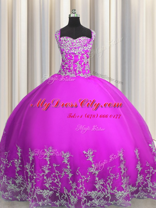 Sleeveless Lace Up Floor Length Beading and Appliques 15th Birthday Dress