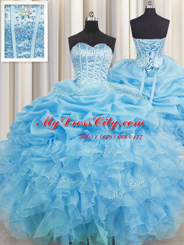 Excellent Visible Boning Baby Blue Sleeveless Beading and Ruffles and Pick Ups Floor Length Vestidos de Quinceanera