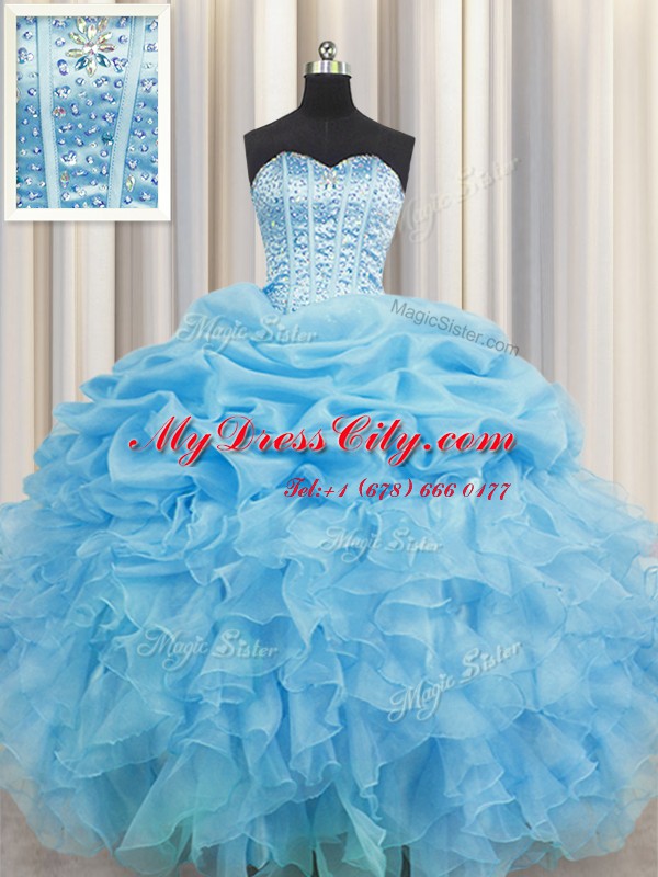 Excellent Visible Boning Baby Blue Sleeveless Beading and Ruffles and Pick Ups Floor Length Vestidos de Quinceanera