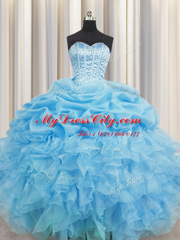 Excellent Visible Boning Baby Blue Sleeveless Beading and Ruffles and Pick Ups Floor Length Vestidos de Quinceanera