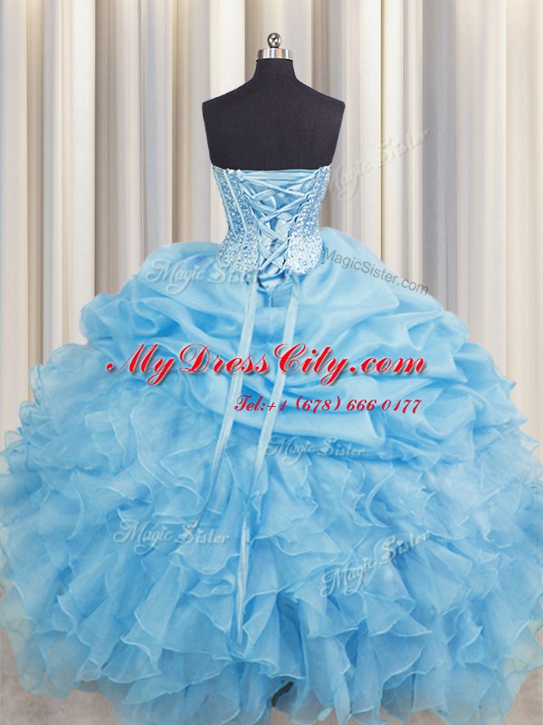 Excellent Visible Boning Baby Blue Sleeveless Beading and Ruffles and Pick Ups Floor Length Vestidos de Quinceanera