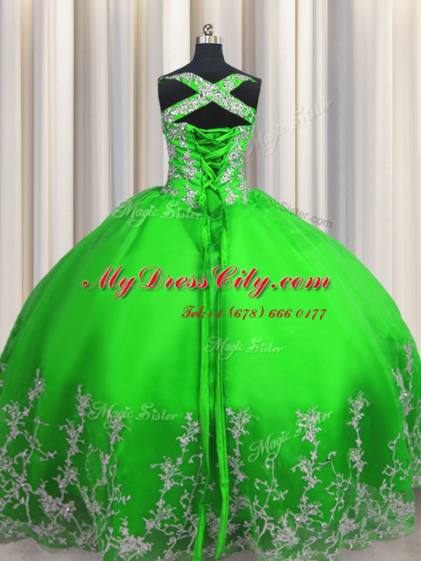 Floor Length Green Vestidos de Quinceanera Tulle Sleeveless Beading and Appliques