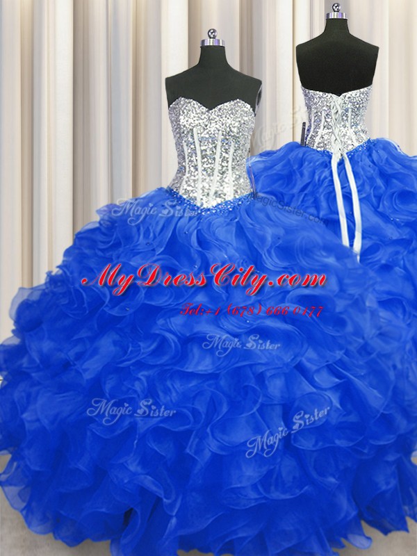 Royal Blue Sleeveless Organza Lace Up Ball Gown Prom Dress for Military Ball and Sweet 16 and Quinceanera