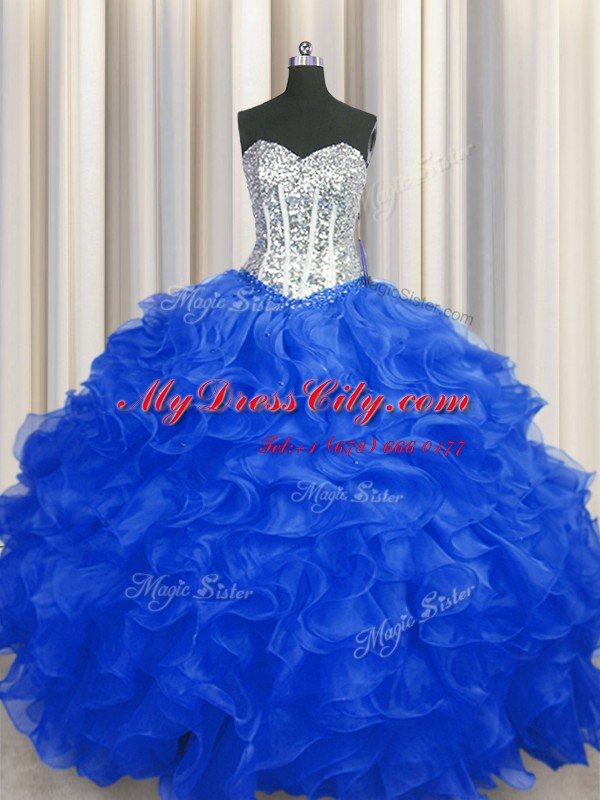 Royal Blue Sleeveless Organza Lace Up Ball Gown Prom Dress for Military Ball and Sweet 16 and Quinceanera