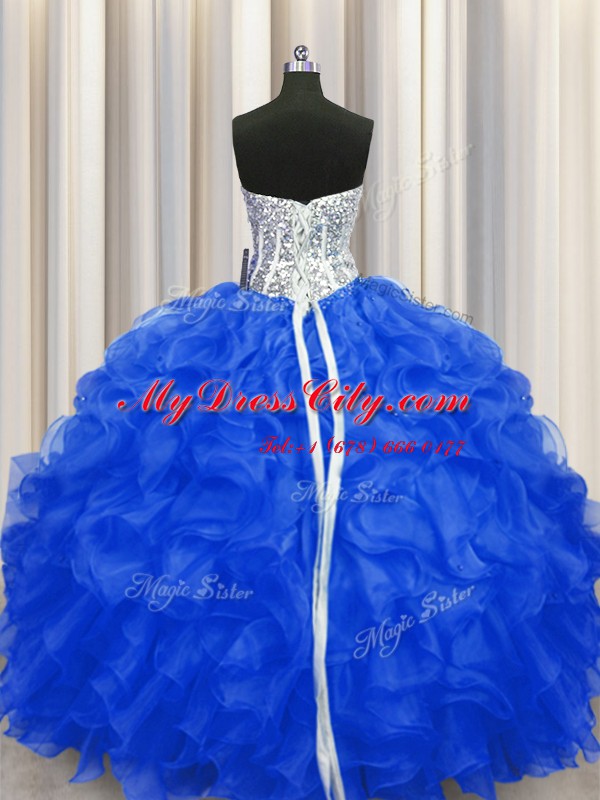 Royal Blue Sleeveless Organza Lace Up Ball Gown Prom Dress for Military Ball and Sweet 16 and Quinceanera