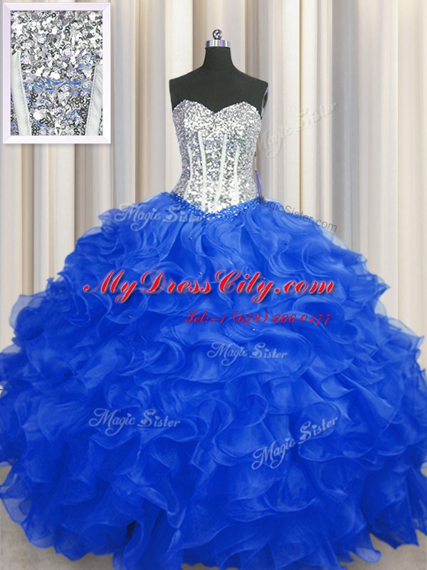 Royal Blue Sleeveless Organza Lace Up Ball Gown Prom Dress for Military Ball and Sweet 16 and Quinceanera