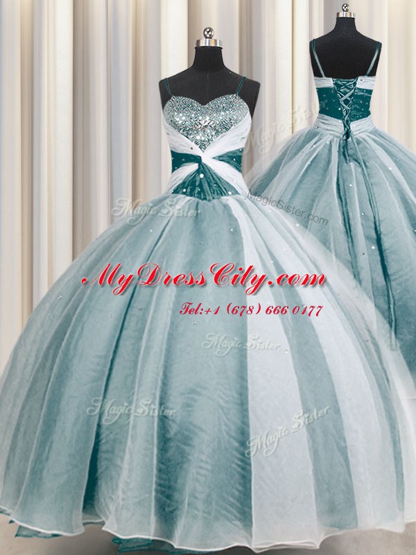 Inexpensive Spaghetti Straps Beading and Ruching Sweet 16 Dress Teal Lace Up Half Sleeves Floor Length