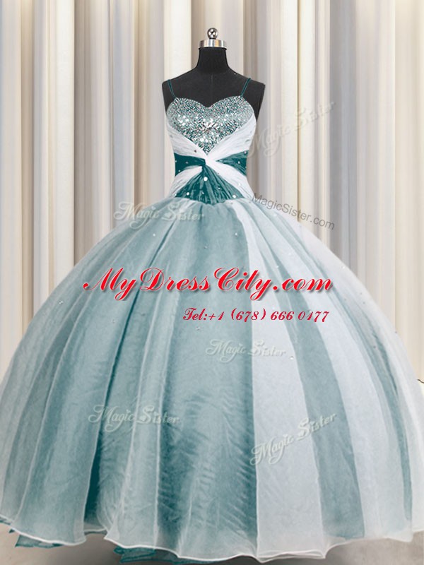 Inexpensive Spaghetti Straps Beading and Ruching Sweet 16 Dress Teal Lace Up Half Sleeves Floor Length