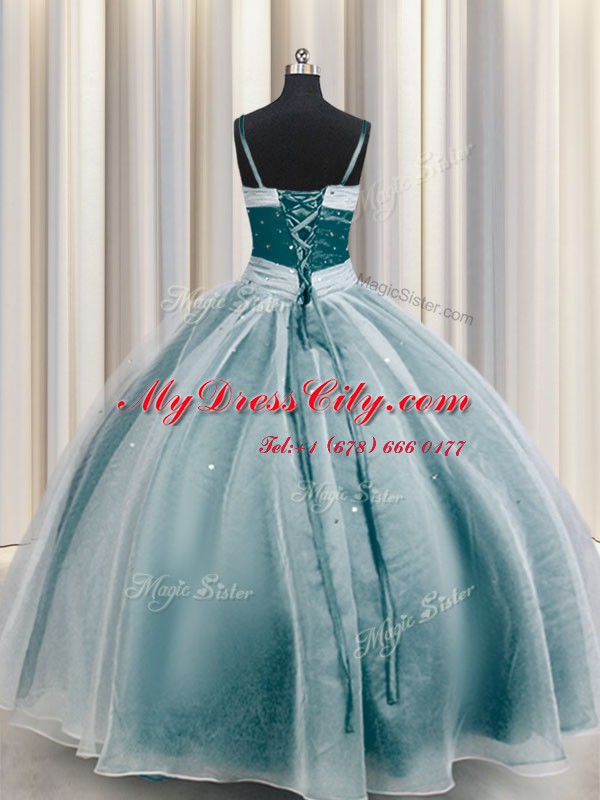 Inexpensive Spaghetti Straps Beading and Ruching Sweet 16 Dress Teal Lace Up Half Sleeves Floor Length