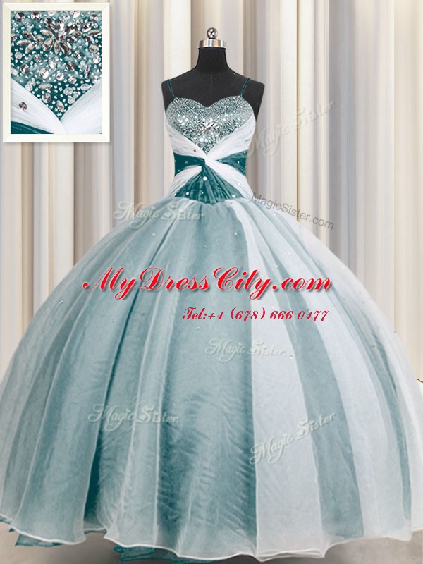 Inexpensive Spaghetti Straps Beading and Ruching Sweet 16 Dress Teal Lace Up Half Sleeves Floor Length