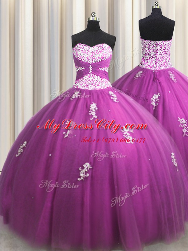 Sexy Fuchsia Ball Gowns Tulle Sweetheart Sleeveless Beading and Appliques Floor Length Lace Up Sweet 16 Dresses